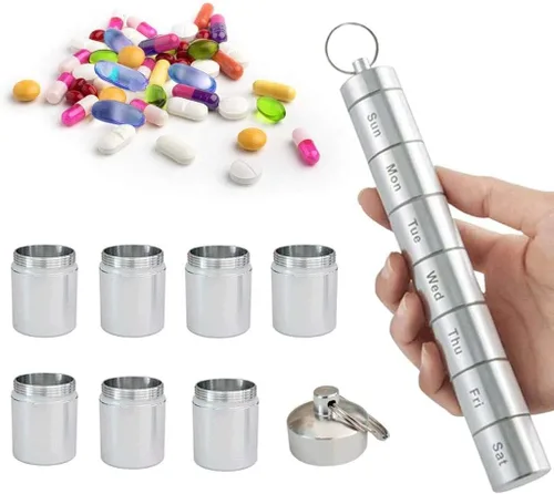 Vista 3 de Pastillero de metal para 7 días, organizador de aleación de aluminio, pastillero de viaje, contenedor pequeño, estuche de medicina de emergencia