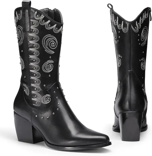 Vista 3 de DREAM PAIRS Botas vaqueras occidentales para mujer, botas vaqueras de media pantorrilla sin cierre