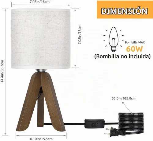 Vista 3 de HAITRAL Lámpara de Mesa de Trípode de Madera con Base Marrón, Pequeña Lámpara de Mesa Lámpara de Mesita de Noche con Pantalla de Tela de Lino