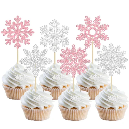 Vista 33 de Gyufise 24 piezas de copos de nieve Oh Baby Cupcake Toppers Glitter Winter Frozen Baby Shower Cupcake Picks para invierno, país de las maravillas
