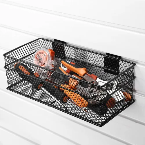 Vista 3 de Barydat Juego de 4 cestas de metal ventilado para colgar en la pared, accesorios de montaje en pared para panel de almacenamiento de garaje, Negro