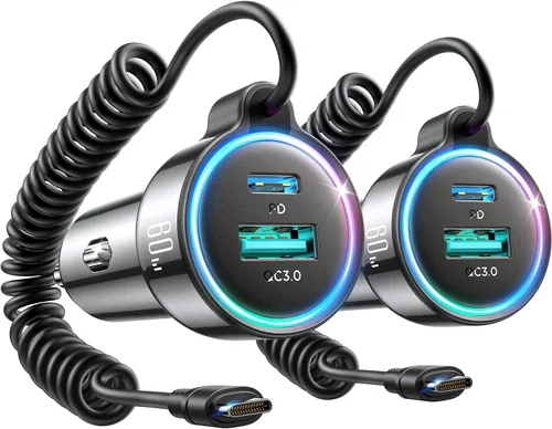 Vista 7 de Cargador de Coche USB C 90W para iPhone 17/16 Pro Max, PD & QC3.0 con Cable Enrollado de 45W de 5 pies, Adaptador de Carga Rápida para Coche