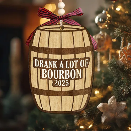 Vista 2 de Adorno de bourbon – Regalos de bourbon para hombres, mujeres, amantes del vino – Adornos de vino para árbol de Navidad – Adorno de Navidad de madera