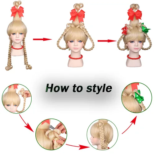 Vista 6 de FantaLook Peluca larga trenzada para niños, para Navidad, cosplay, con collar de cuentas rojas y lazos de lunares rojos y verdes para niños, disfraz