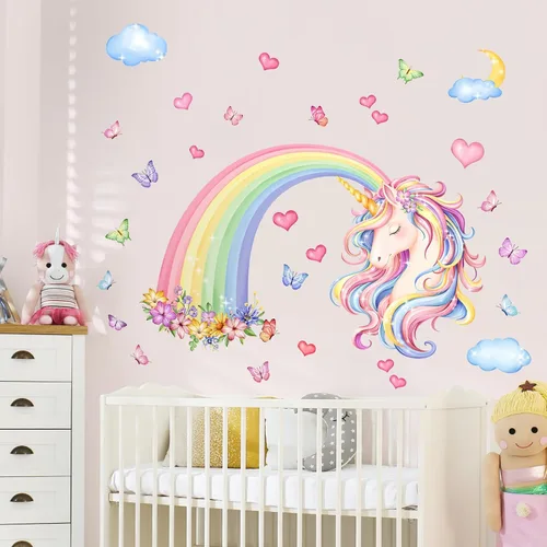 Vista 4 de Calcomanías de pared de unicornio arco iris, flores, mariposas, nubes, corazones, unicornio, calcomanías de pared de bebé, guardería, dormitorio