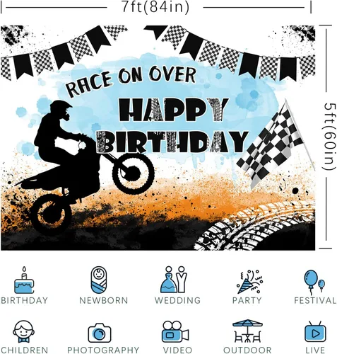 Vista 6 de Telón de fondo de motocicleta con texto en inglés "Race On Over Motocross Racing Fotografía", decoración de fiesta de cumpleaños, suministros