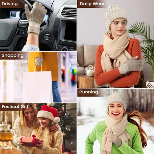 Vista 8 de Conjunto de gorro de invierno para mujer + bufanda larga + guantes para pantalla táctil, conjunto de ropa cálida con forro polar de punto