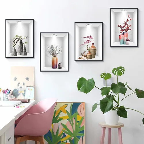 Vista 2 de Calcomanías de pared 3D para florero, flores de simulación, calcomanías de pared extraíbles para decoración del hogar, sala de estar, oficina