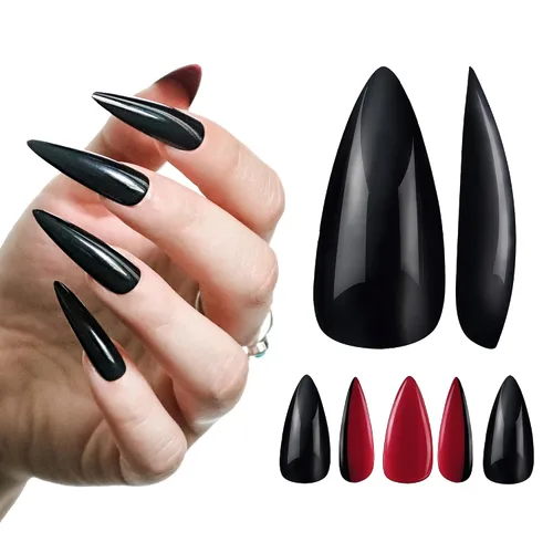 Vista 9 de Allkem - Uñas de presión de color solido, extra largas, estilo cónico, bailarina, cobertura total de uñas
