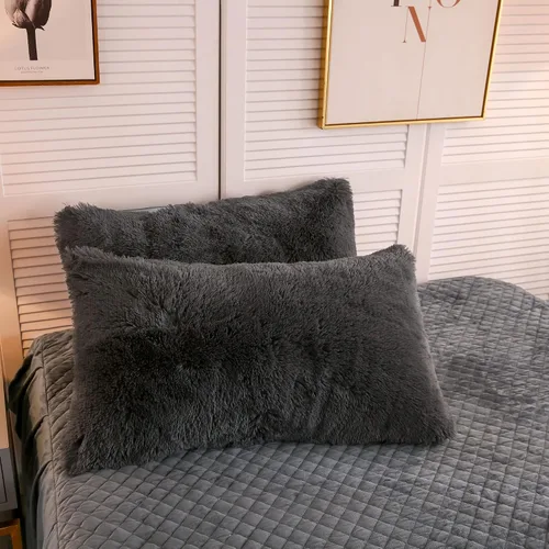 Vista 34 de LIFEREVO Paquete de 2 fundas de almohada de piel sintética, serie de lujo decorativa para el hogar de felpa peluda, funda de almohada peluda súper