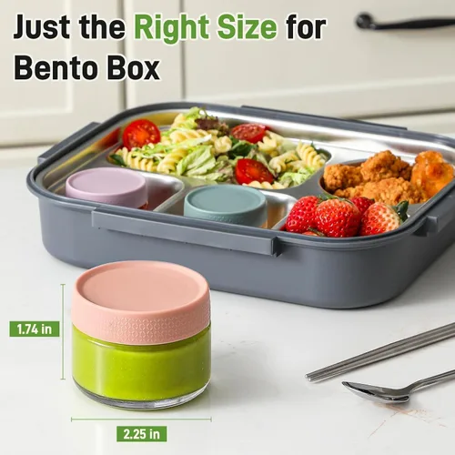 Vista 3 de NETANY Recipientes de vidrio para aderezo de ensalada de 2 onzas, paquete de 6 recipientes pequeños para salsa con tapas y mini recipientes