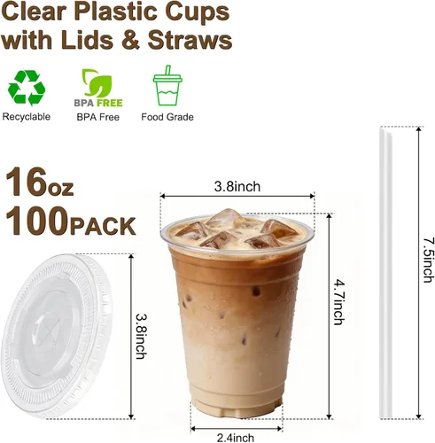 Vista 5 de Paquete de 100 vasos de plástico transparente de 16 onzas con tapas y pajitas, vasos desechables para café helado, a prueba de fugas, vasos de PET