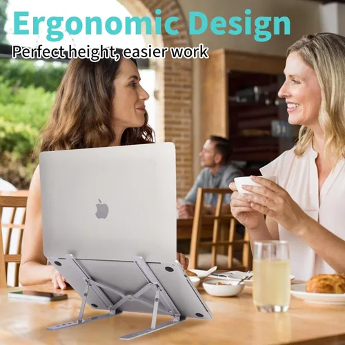 Vista 8 de Soporte para laptop de escritorio, soporte de aluminio para MacBook, elevador de computadora para escritorio, soporte portátil plegable ajustable