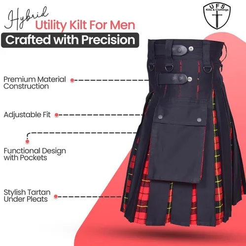 Vista 3 de UFS Kilts-Kilts - Kilts para hombre, talla grande, híbridos escoceses, algodón negro y tartán, con correas de cuero, para hombre, Tartán Wallace