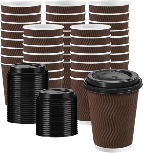Vista 14 de Tazas de café desechables de 12 onzas con tapas, tazas de papel de café con tapas para llevar, tazas calientes aisladas para bebidas calientes