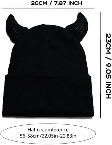 Vista 3 de ZITEZHGO Gorro de punto Kawaii con cuerno de diablo para mujeres, hombres y niñas, divertido sombrero de fiesta de Halloween Y2K, gorro de cubo