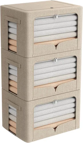 Vista 16 de FHSQX Paquete de 3 contenedores de almacenamiento de ropa plegables con marco de metal, caja de almacenamiento apilable, organizador de tela de lino