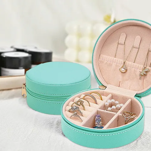 Vista 6 de Joyero de viaje, mini organizador portátil con cremallera, de piel sintética sintética, pequeñas cajas de almacenamiento para anillos, aretes
