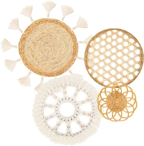 Vista 10 de LOCS MICRAI Juego de 3 cestas de pared bohemias, cesta tejida plana, decoración para colgar en la pared, borlas redondas, tapiz de macramé blanco