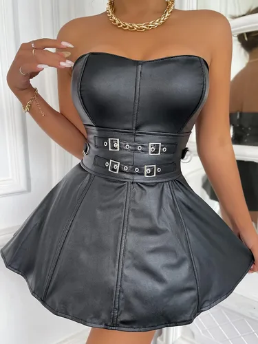Vista 3 de Alivila. Y Fashion. - Vestido de piel sintética para mujer, estilo corsetería steampunk, para fiestas o clubes.