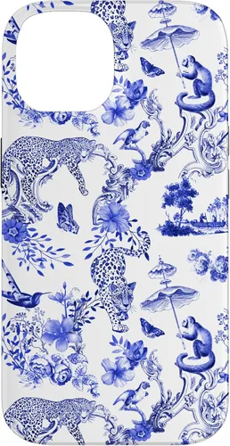 Vista 4 de French Blue Toile Chinoiserie with Flowers, Monkey, Leopards Case for iPhone 17
