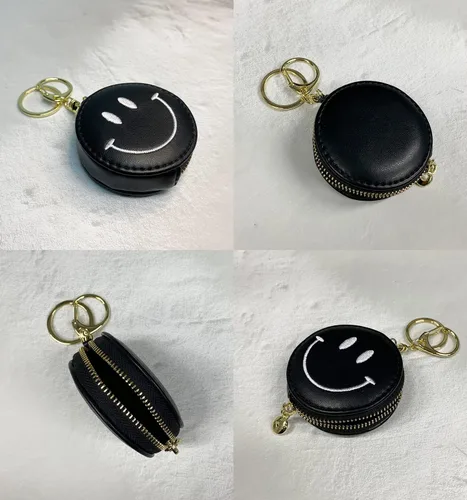 Vista 4 de Monedero con cremallera y diseño de cara feliz, con diseño de sonrisa positiva, con llavero de piel sintética suave, Negro -, Monedero con llavero