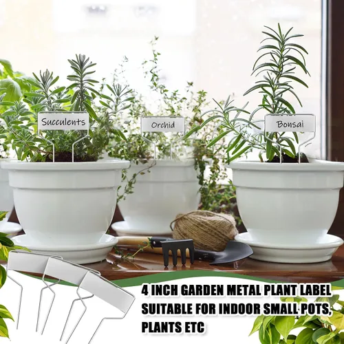 Vista 5 de Moxweyeni 60 etiquetas de metal para jardín, etiquetas impermeables para plantas con 2 bolígrafos permanentes, etiquetas reutilizables para plantas