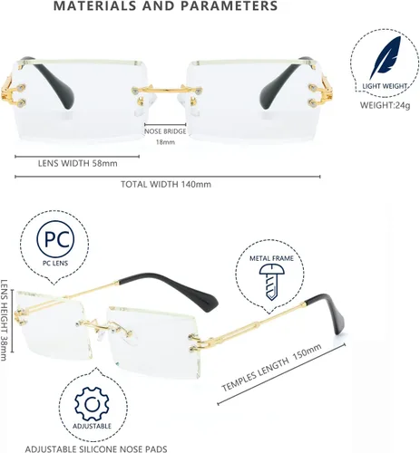 Vista 6 de LASPOR Lentes de sol rectangulares sin montura retro para mujeres y hombres, lentes teñidas, metal dorado, sin marco, gafas cuadradas vintage