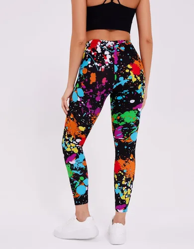 Vista 6 de sissycos - Leggings elásticos y suaves para mujer, con estampado salpicado artístico de neón y estilo de los años 80