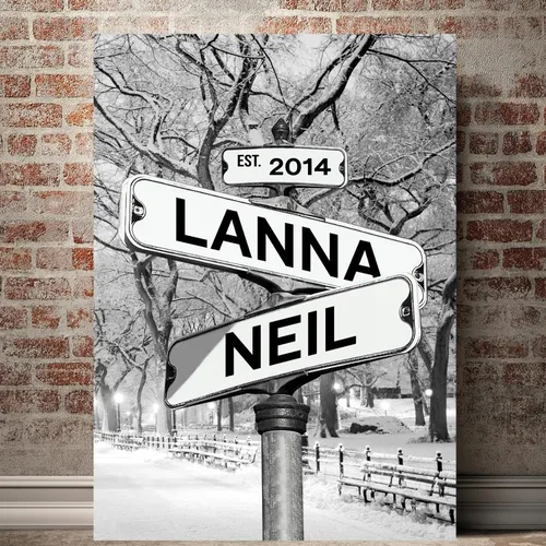 Vista 19 de Mapileng Lienzo personalizado de Crossroads Street Sign para parejas, nombres personalizados y fecha, arte de pared vintage, regalo del día de San