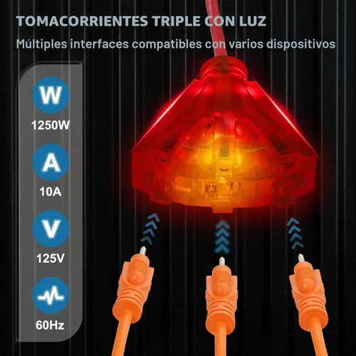 Vista 3 de VEVOR Carrete de cable de extensión retráctil, 30 pies, carrete de cable de alimentación retráctil resistente 16AWG/3C SJTOW con toma triple
