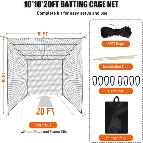 Vista 5 de Baseball Batting Cage Net, 10x10x20/10x10x35ft Softball Baseball Batting Netting for Backyard, Portable Hitting Practice Training Only Net with
