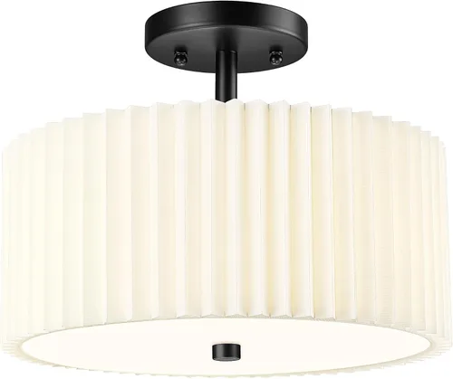 Vista 14 de Lámpara de Techo Semiempotrada Dorada, 3 Luces Accesorios de Iluminación de Techo de 12.5" con Pantalla de Tela en Forma de Flor, Luces de Tambor