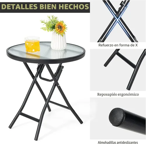 Vista 6 de GIANTEX Mesa auxiliar redonda plegable, mesa de patio con mesa de vidrio Semitransparente + Negro