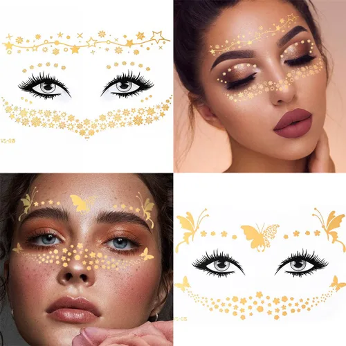 Vista 2 de Uranian Calcomanías temporales para tatuajes faciales dorados, pecas para mujeres, transferencia de mariposas, tatuajes metálicos, estilos mixtos