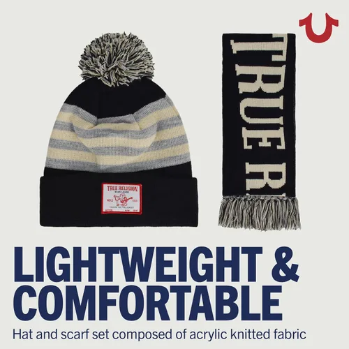 Vista 4 de True Religion - Conjunto de gorro y bufanda, gorro de punto con relleno de invierno con pompones y bufanda estilo estadio