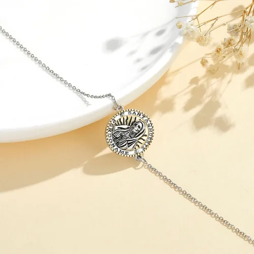 Vista 3 de YAFEINI Pulsera de plata de ley 925 con dije de muerte de Santa Muerte para mujer, Plata de ley Plata, Sin gemas.
