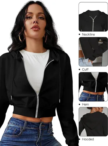 Vista 5 de Chaqueta corta con capucha y cremallera para mujer, manga larga, cordón Y2K, con bolsillos
