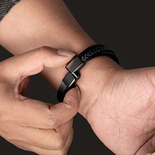 Vista 8 de Touyony Pulseras de cuero prémium para hombres, pulseras de cuero trenzado de doble fila de acero inoxidable, eslabones adicionales, joyería