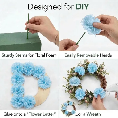 Vista 8 de Larksilk Real Touch - Púas de clavel de seda azul – 100 unidades a granel, cabezas de flores artificiales de 3.5 pulgadas con tallos de 5 pulgadas