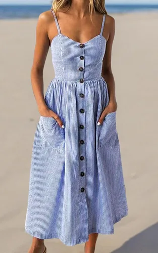 Vista 30 de Angashion - Vestido floral de verano estilo bohemio para mujer, con botones, bolsillos y tiras ajustables