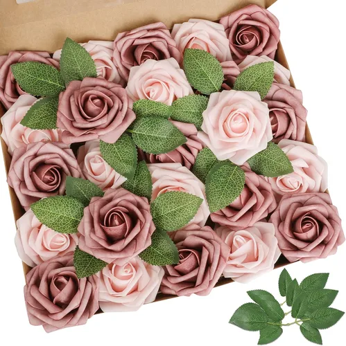 Vista 18 de AmyHomie 25 flores artificiales de aspecto real con tallo de rosa beige