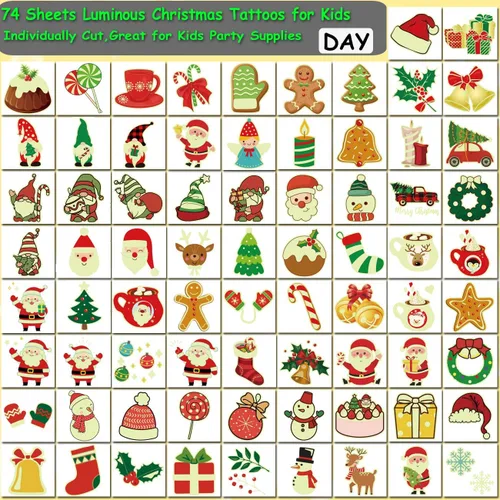 Vista 3 de CHARLENT Tatuajes temporales de Navidad que brillan en la oscuridad para suministros de fiesta de niños, 74 hojas individuales, tatuajes luminosos