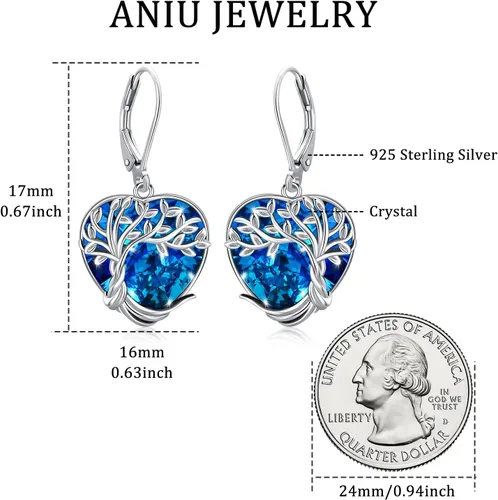 Vista 2 de Aretes colgantes de árbol de la vida, flor, turquesa, ópalo azul, malaquita, ágata musgo, lágrima, para mujeres y niñas, plata de ley, aniversario