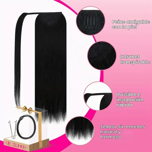 Vista 4 de Ve Sunny Extensión de cola de caballo de 2.82 oz, extensiones de cabello humano real real para mujer, color negro azabache, 14 pulgadas Pony-1-1-#1