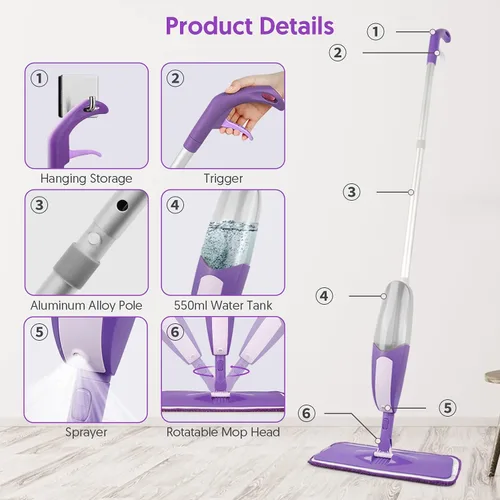 Vista 5 de Mopa con aerosol para limpieza de suelos - SEVENMAX Mopa de microfibra con botella recargable de 550ML, 3 almohadillas lavables, mopa plana para uso