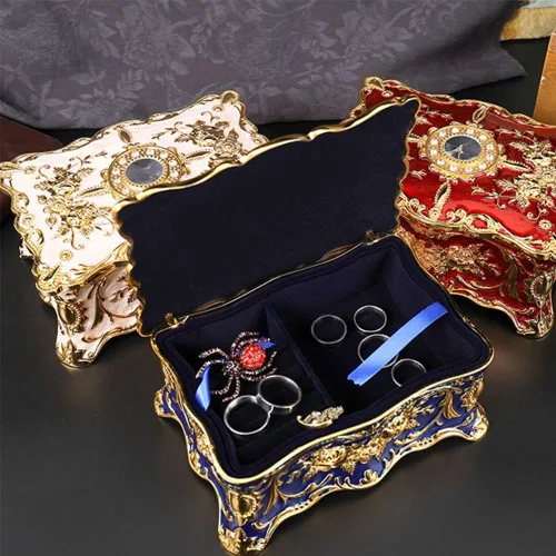 Vista 2 de Caja de joyería de lujo vintage rectangular de aleación de metal con organizador de baratijas y patrón de rosas para mujeres y niñas, diseño de dos