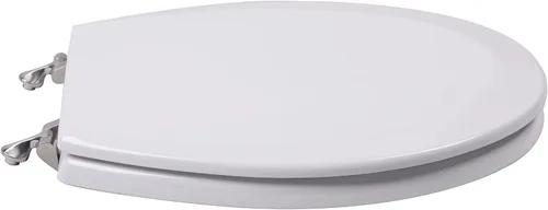 Vista 3 de 1Q1R6-00BN Asiento de inodoro de madera moldeada prémium con bisagra de metal de un solo poste, redondo, color blanco con níquel cepillado