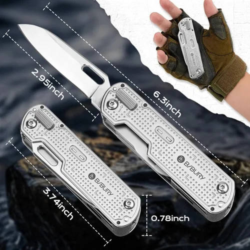Vista 4 de BIBURY Cuchillo de bolsillo multiherramienta BI2056, cuchillo multiherramienta de acero inoxidable con clip, cuchillo plegable multiherramienta EDC