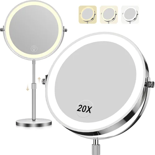 Vista 9 de Espejo de maquillaje con luces, 1x/20x 360°, espejo de maquillaje iluminado ajustable con brillo, espejo de maquillaje con aumento, espejo